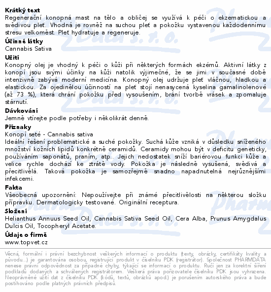 TOPVET Regenerační konopná mast 70% 100ml