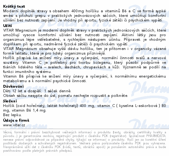 Vitar Magnézium 400mg+vit.B6+vit.C grep 20x2g