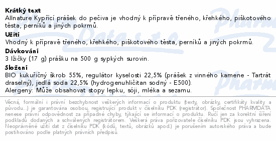 Allnature Kypřící prášek do pečiva BIO 150g