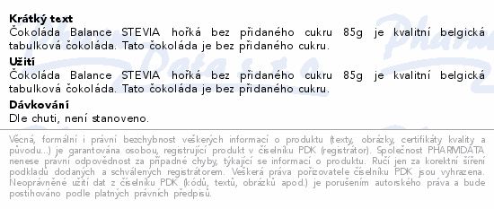 Čokoláda Balance STEVIA hořká bez přid.cukru 85g