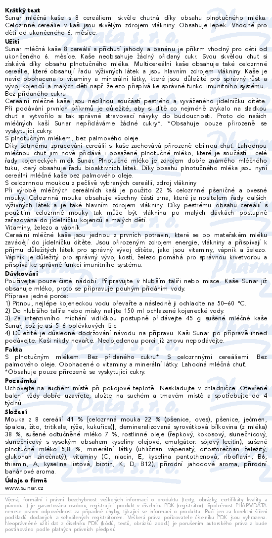 Sunar Mléčná kaše 8 cereál.jahoda/banán 6m+ 340g